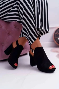 Sandały Damskie Na Słupku Z Cholewką Odkryte Palce Czarne Montree