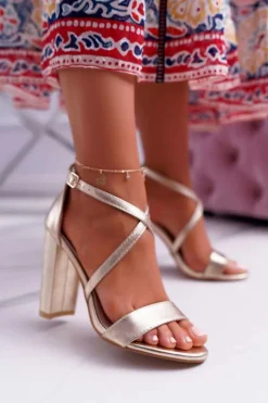 Sandały Damskie Na Słupku Złote Klaira