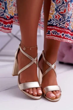 Sandały Damskie Na Słupku Złote Klaira