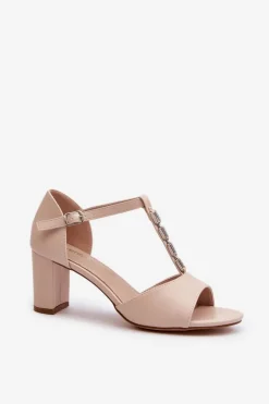 Sandały Damskie Na Słupku Z Ozdobnym Paskiem Eko Skóra Beżowe Triavera