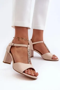Sandały Damskie Na Słupku Z Ozdobnym Paskiem Eko Skóra Beżowe Triavera
