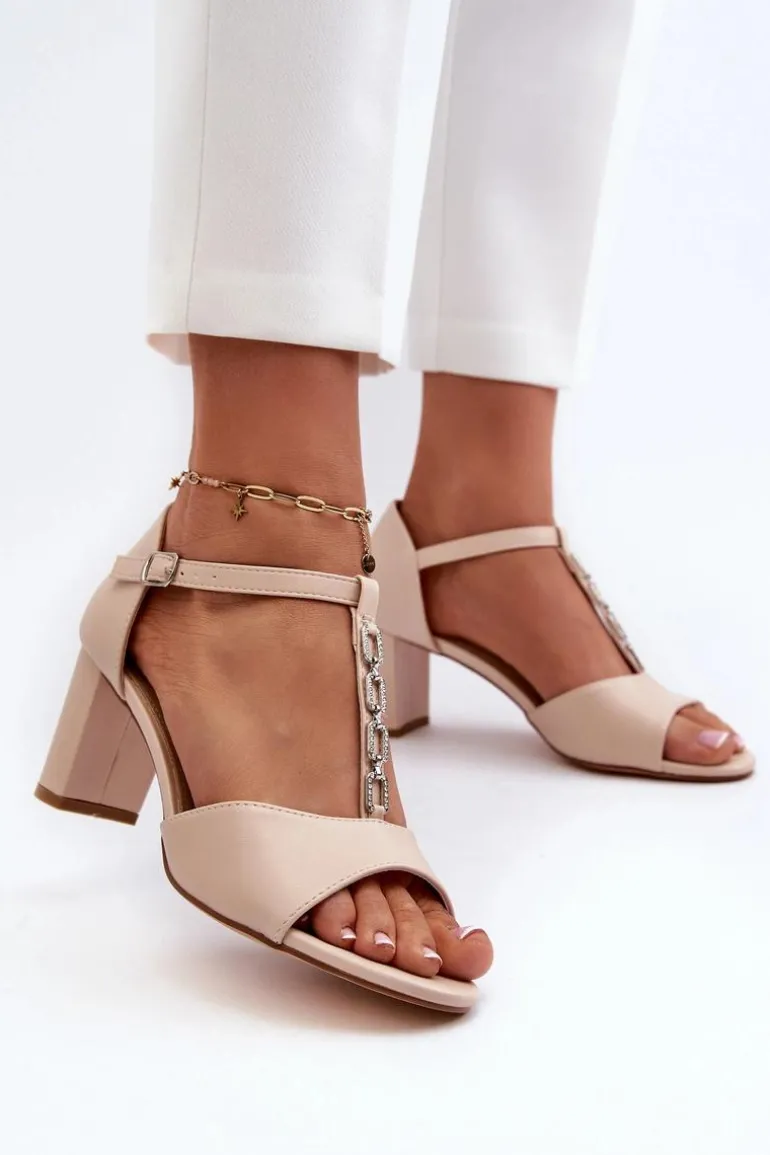 Sandały Damskie Na Słupku Z Ozdobnym Paskiem Eko Skóra Beżowe Triavera