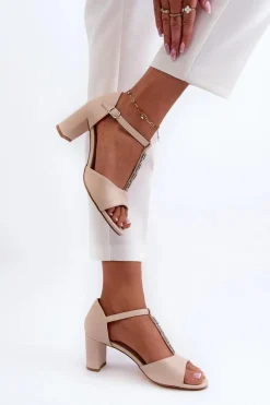 Sandały Damskie Na Słupku Z Ozdobnym Paskiem Eko Skóra Beżowe Triavera