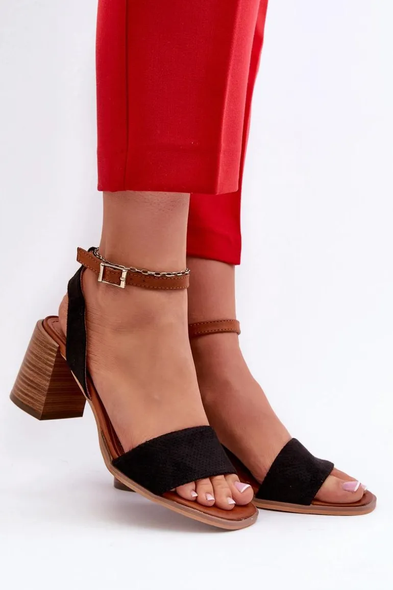 Sandały Damskie Na Słupku Z Eko Zamszu Czarne Ronvia