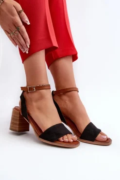 Sandały Damskie Na Słupku Z Eko Zamszu Czarne Ronvia