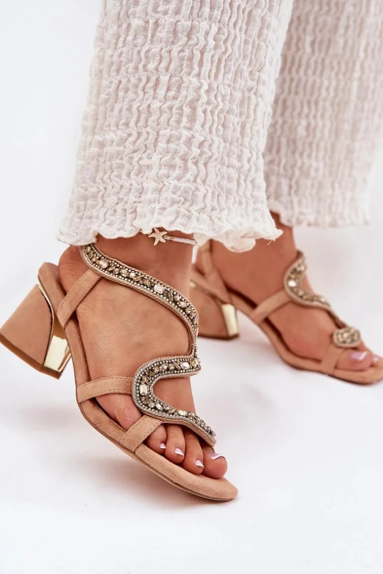 Sandały Damskie Na Słupku Z Kryształkami Artiker 56C1374 Beżowe