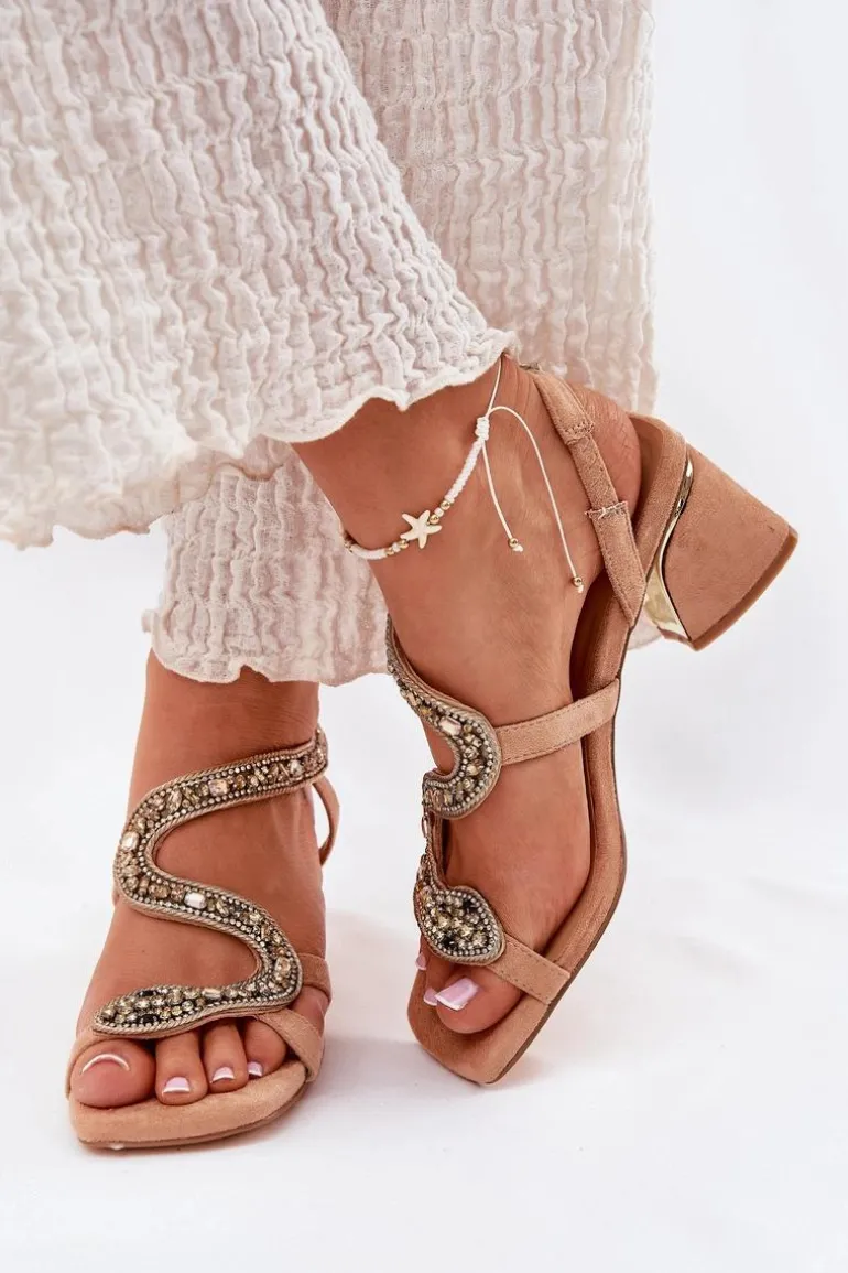 Sandały Damskie Na Słupku Z Kryształkami Artiker 56C1374 Beżowe