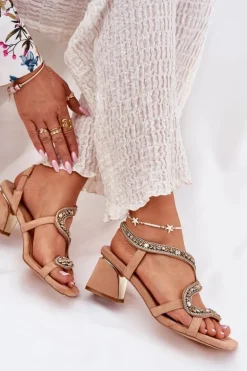 Sandały Damskie Na Słupku Z Kryształkami Artiker 56C1374 Beżowe