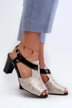 Sandały Damskie Na Słupku Z Eko Skóry Złoto-Czarne Queenmarie