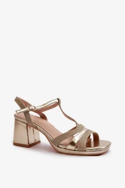 Sandały Damskie Na Słupku Z Eko Skóry Złote Lyana