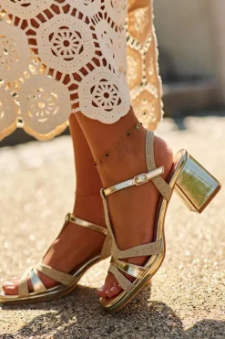 Sandały Damskie Na Słupku Z Eko Skóry Złote Lyana