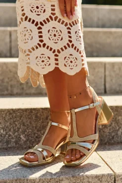 Sandały Damskie Na Słupku Z Eko Skóry Złote Lyana