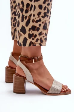 Sandały Damskie Na Słupku Z Eko Zamszu Złote Ronvia