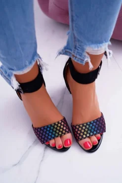 Sandały Damskie Na Słupku Zamszowe Czarne Geometric