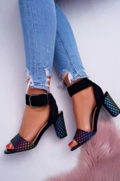 Sandały Damskie Na Słupku Zamszowe Czarne Geometric