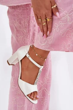 Sandały Damskie Na Słupku Z Ozdobnym Paskiem Eko Skóra Białe Triavera