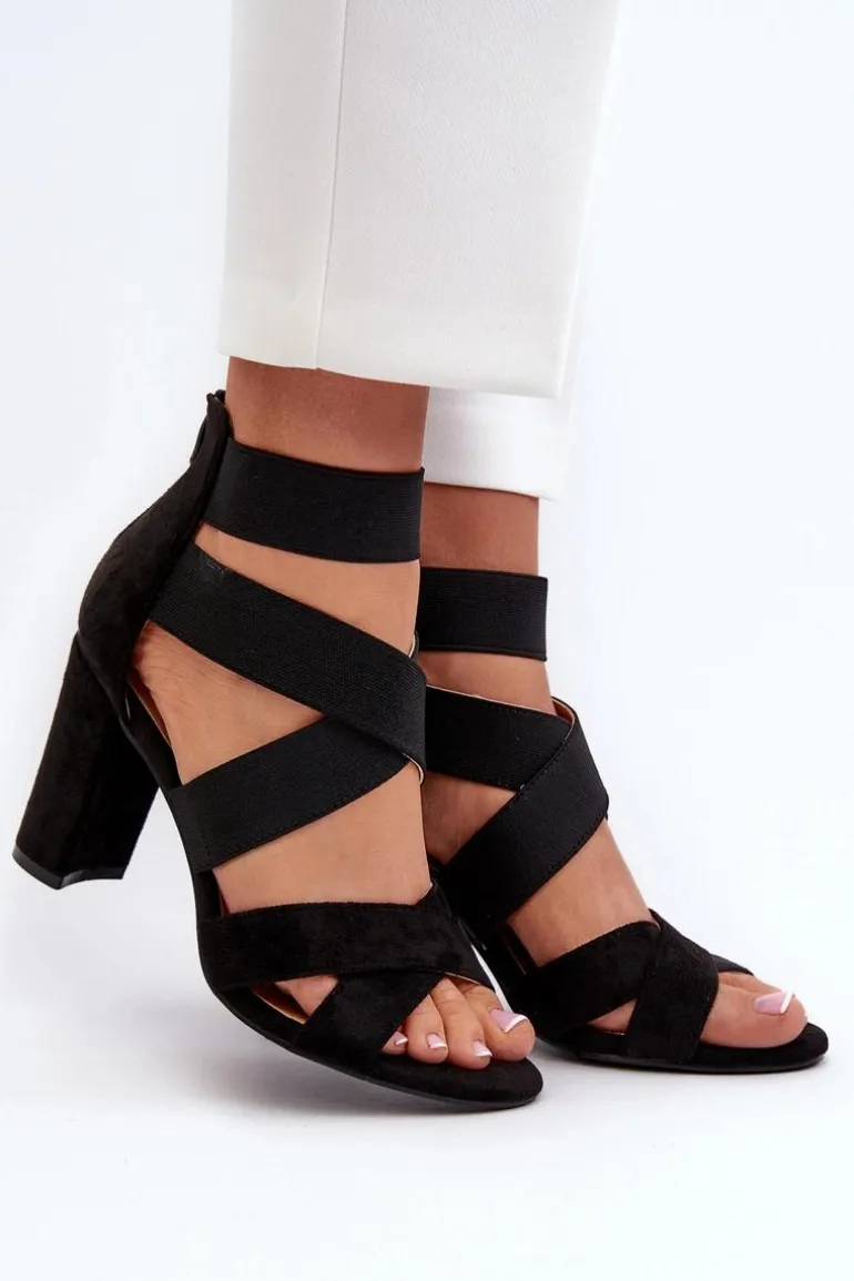 Sandały Damskie Na Słupku Z Paskami Czarne Obissa