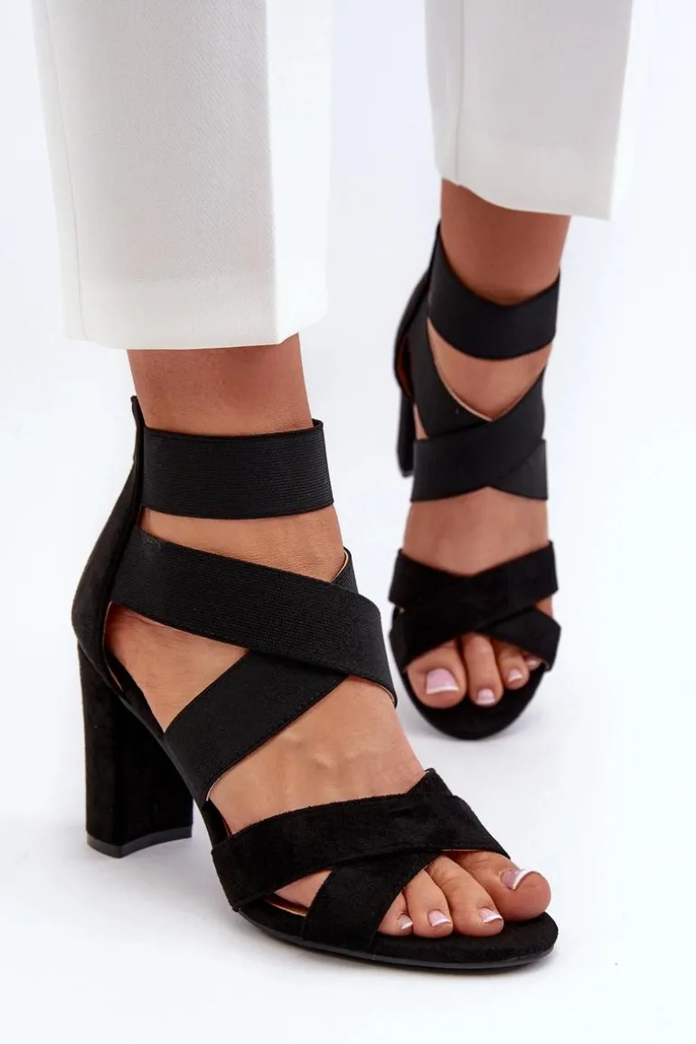 Sandały Damskie Na Słupku Z Paskami Czarne Obissa