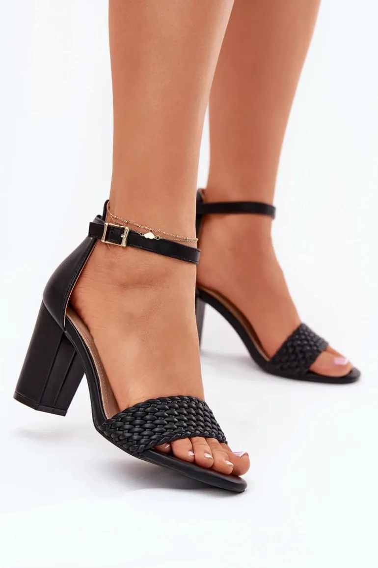 Sandały Damskie Na Słupku Z Plecionym Paskiem Czarne Asdine