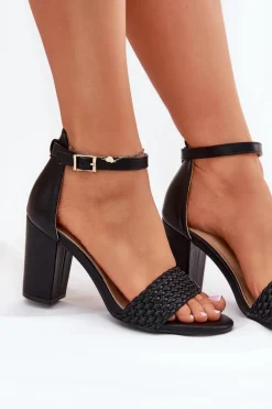 Sandały Damskie Na Słupku Z Plecionym Paskiem Czarne Asdine