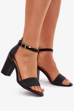 Sandały Damskie Na Słupku Z Plecionym Paskiem Czarne Asdine