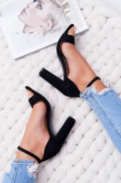 Sandały Damskie Na Słupku Zamszowe Czarne Anastasie