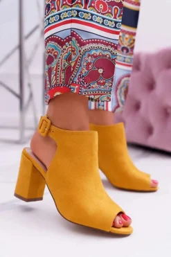 Sandały Damskie Na Słupku Z Cholewką Peep Toe Żółte Esta