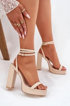 Sandały Damskie Na Słupku Z Paseczkiem Beżowe Fevenne