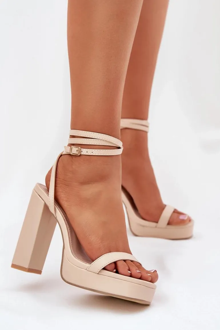 Sandały Damskie Na Słupku Z Paseczkiem Beżowe Fevenne