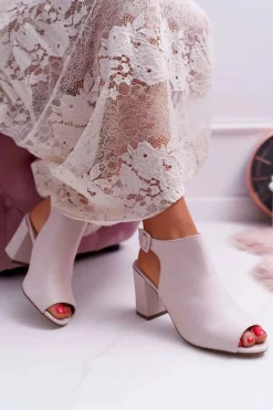 Sandały Damskie Na Słupku Z Cholewką Peep Toe Beżowe Esta