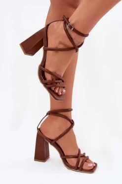 Sandały Damskie Na Słupku Z Paskami Brązowe Ciarilora