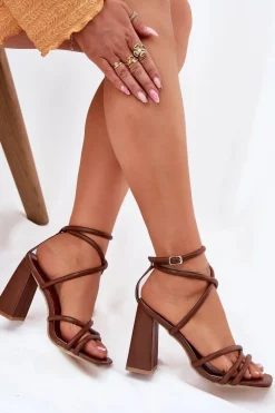 Sandały Damskie Na Słupku Z Paskami Brązowe Ciarilora