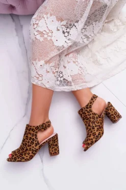 Sandały Damskie Na Słupku Z Cholewką Peep Toe Leopard Esta