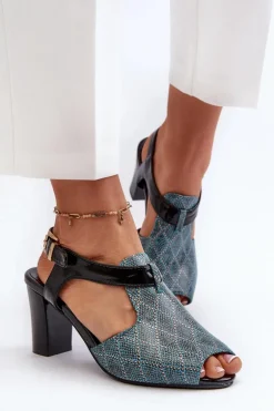 Sandały Damskie Na Słupku Z Eko Skóry Turkusowe Queenmarie