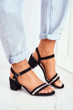 Sandały Damskie Na Słupku Z Brokatem Czarne Wixi