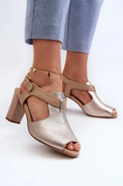 Sandały Damskie Na Słupku Z Eko Skóry Złote Queenmarie