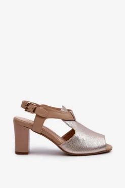 Sandały Damskie Na Słupku Z Eko Skóry Złote Queenmarie