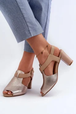 Sandały Damskie Na Słupku Z Eko Skóry Złote Queenmarie