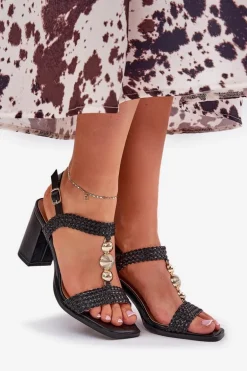 Sandały Damskie Na Słupku Z Ozdobą I Plecionką Czarne Annaviel