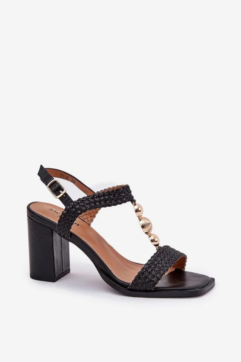 Sandały Damskie Na Słupku Z Ozdobą I Plecionką Czarne Annaviel
