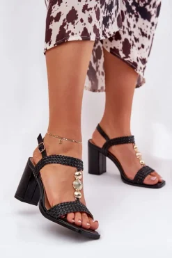 Sandały Damskie Na Słupku Z Ozdobą I Plecionką Czarne Annaviel