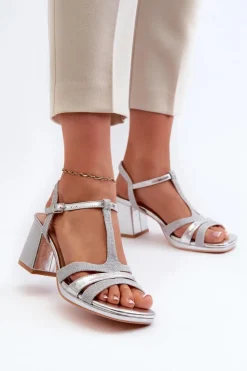 Sandały Damskie Na Słupku Z Eko Skóry Srebrne Lyana