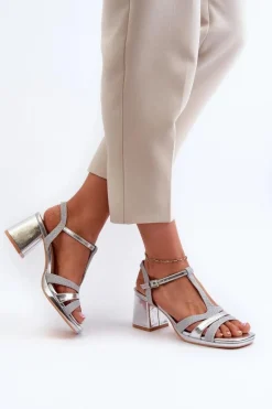 Sandały Damskie Na Słupku Z Eko Skóry Srebrne Lyana