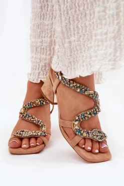 Sandały Damskie Na Słupku Z Kryształkami Artiker 56C1377 Beżowe