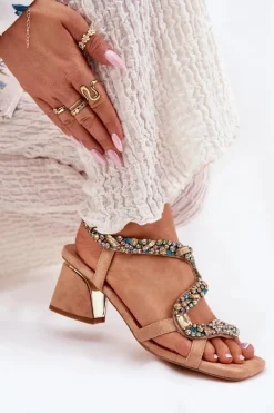 Sandały Damskie Na Słupku Z Kryształkami Artiker 56C1377 Beżowe