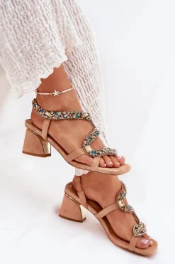 Sandały Damskie Na Słupku Z Kryształkami Artiker 56C1377 Beżowe