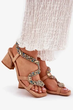 Sandały Damskie Na Słupku Z Kryształkami Artiker 56C1377 Beżowe