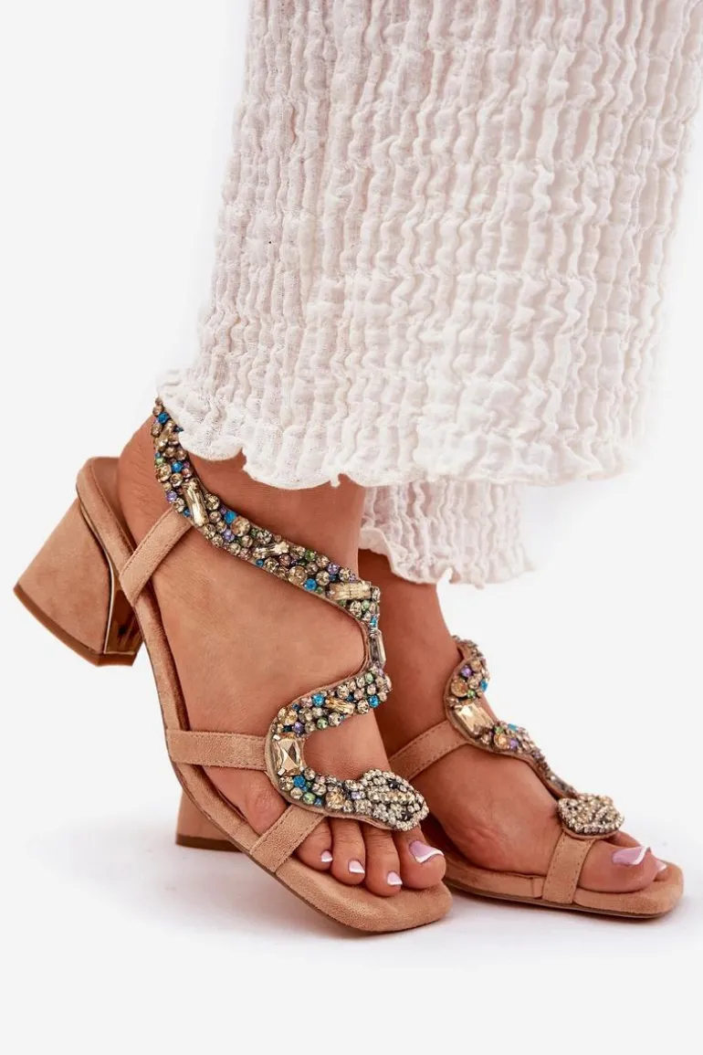 Sandały Damskie Na Słupku Z Kryształkami Artiker 56C1377 Beżowe