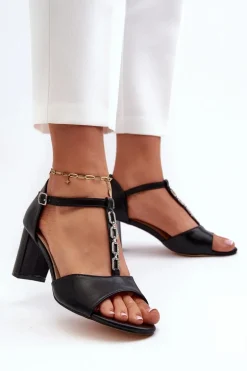 Sandały Damskie Na Słupku Z Ozdobnym Paskiem Eko Skóra Czarne Triavera