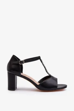Sandały Damskie Na Słupku Z Ozdobnym Paskiem Eko Skóra Czarne Triavera